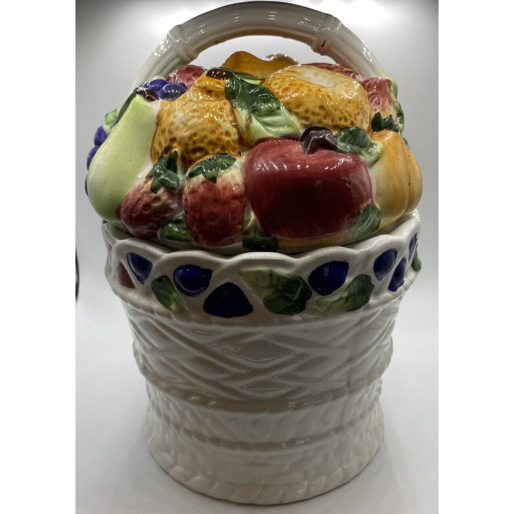 Alco Industries Cookie Jar Embossed & Hand Painted Fruit Basket Themed 10"Tall